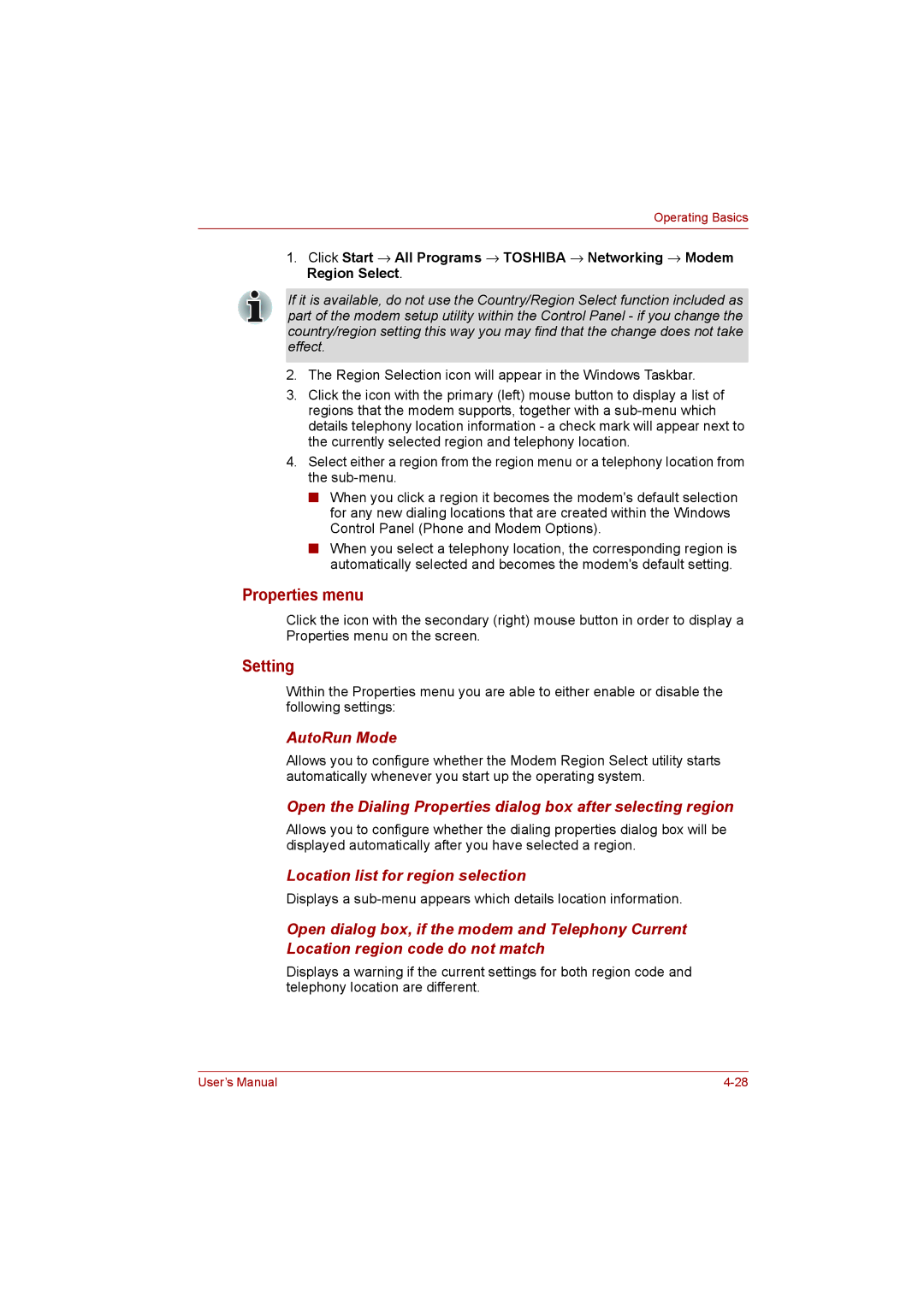 Toshiba L500D user manual Properties menu, Setting 