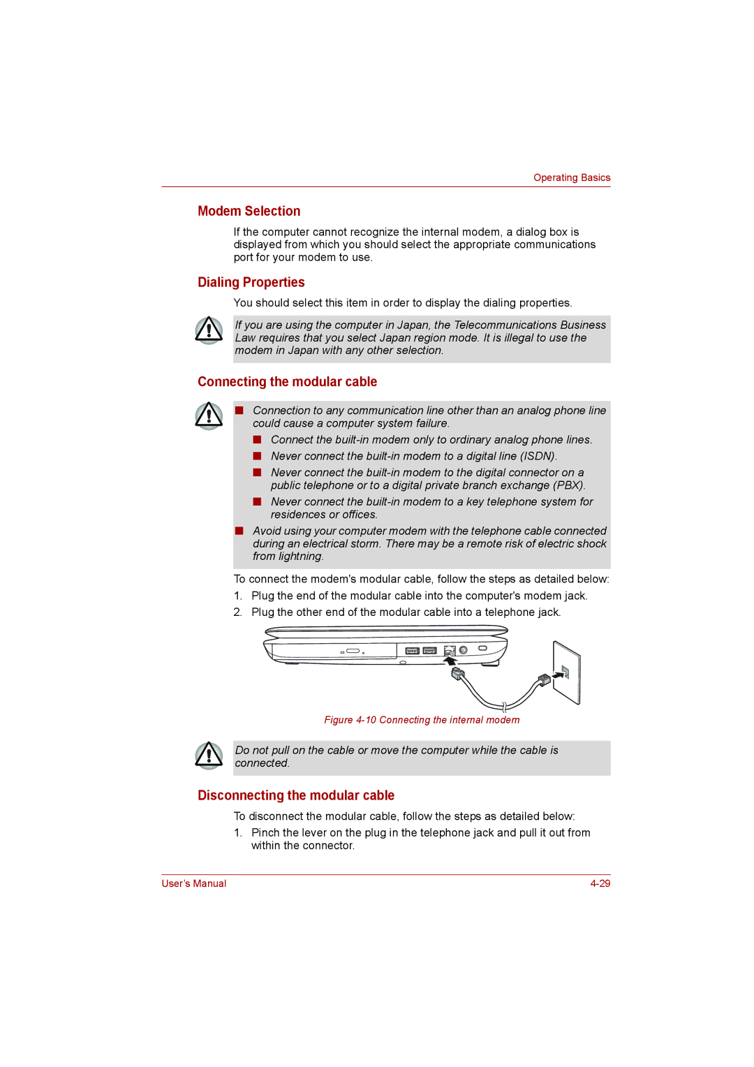 Toshiba L500D Modem Selection, Dialing Properties, Connecting the modular cable, Disconnecting the modular cable 