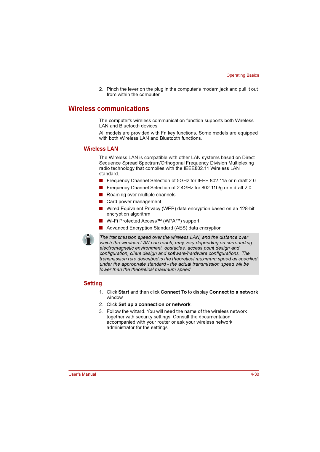 Toshiba L500D user manual Wireless communications, Wireless LAN, Click Set up a connection or network 