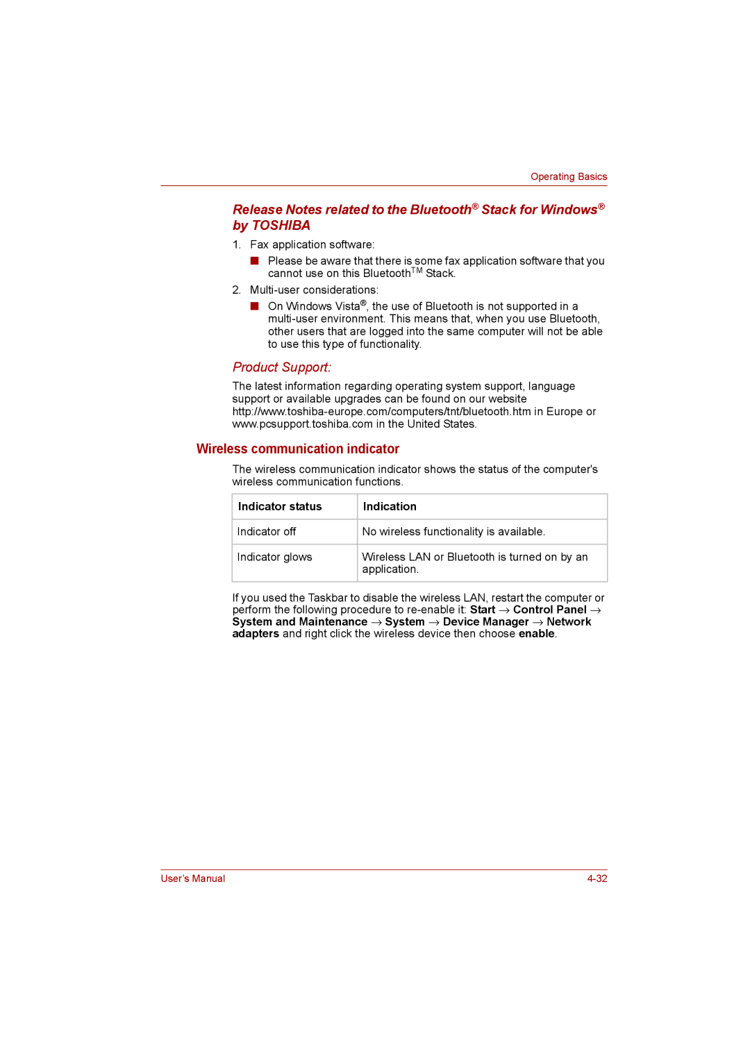 Toshiba L500D user manual Wireless communication indicator, Indicator status Indication 