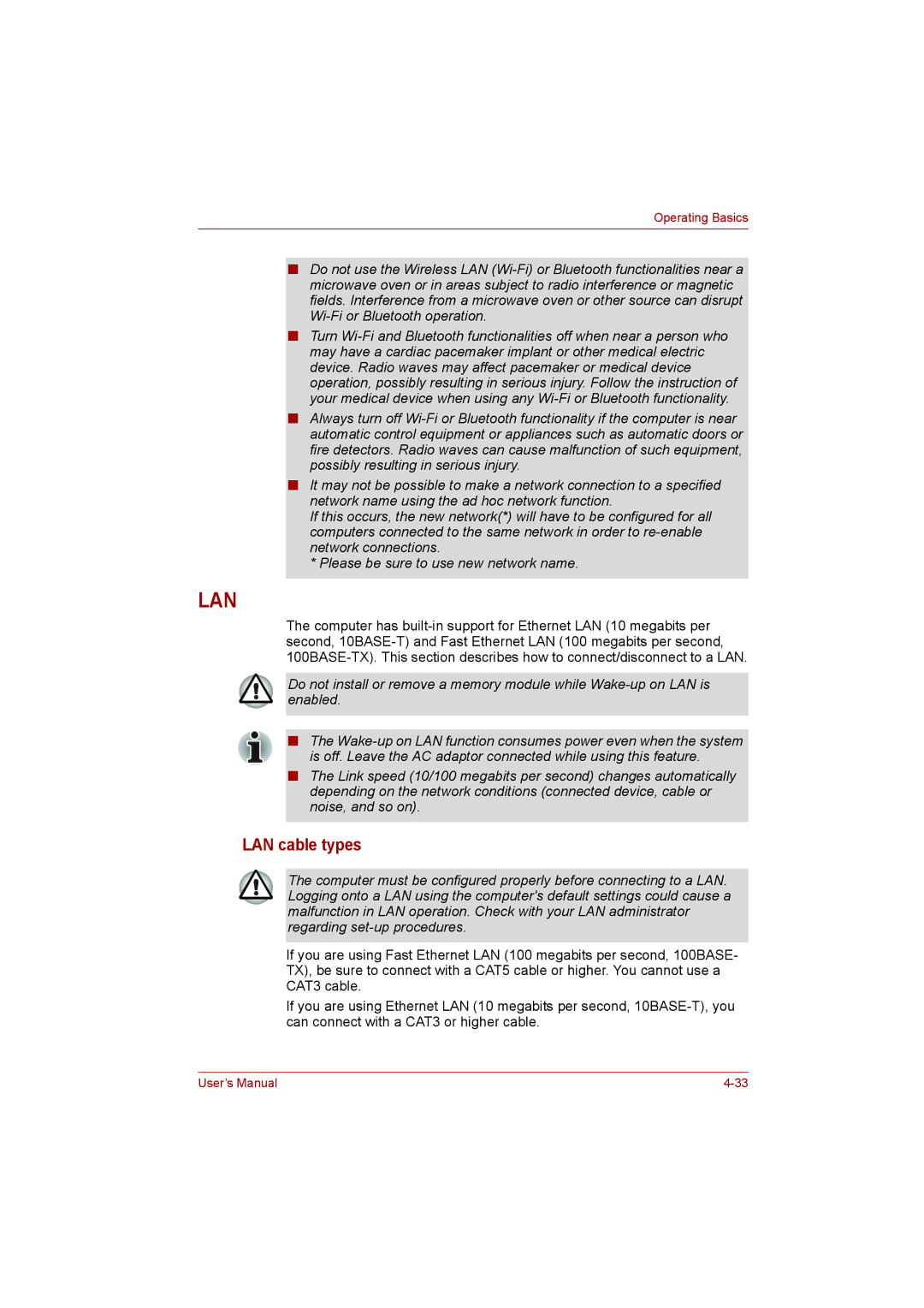 Toshiba L500D user manual Lan, LAN cable types 