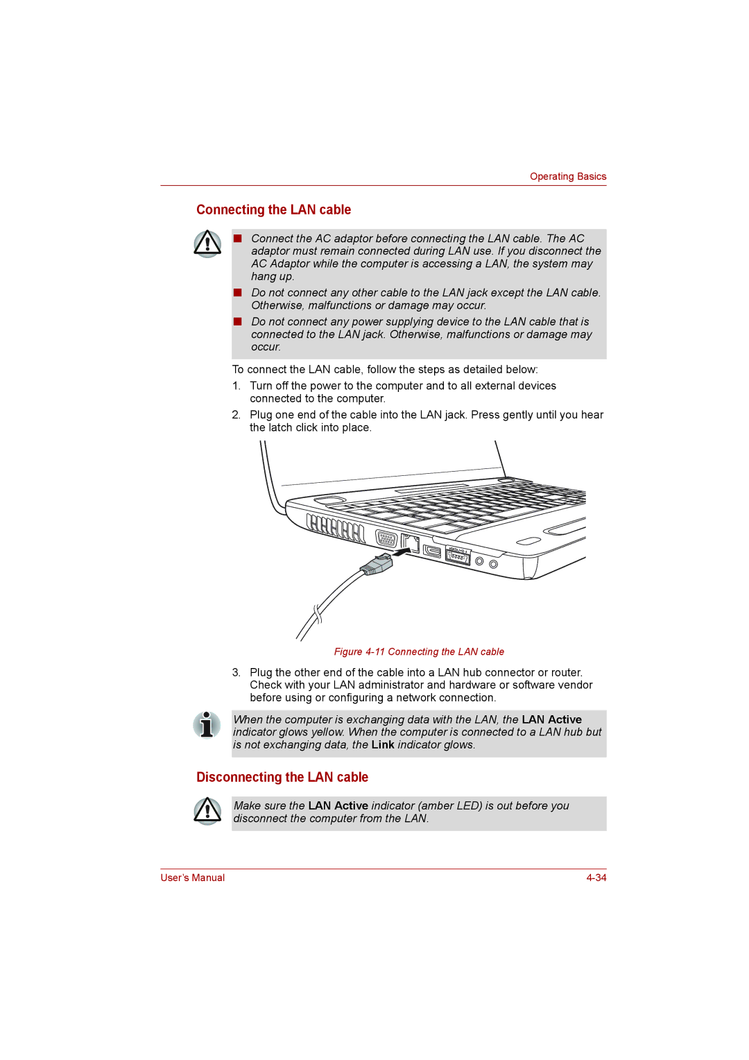 Toshiba L500D user manual Connecting the LAN cable, Disconnecting the LAN cable 