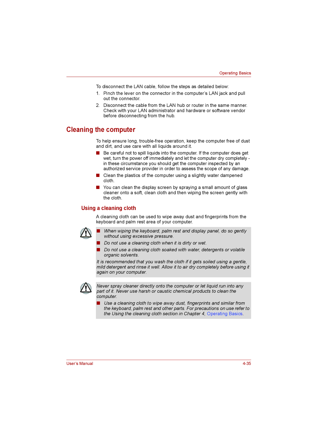 Toshiba L500D user manual Cleaning the computer, Using a cleaning cloth 