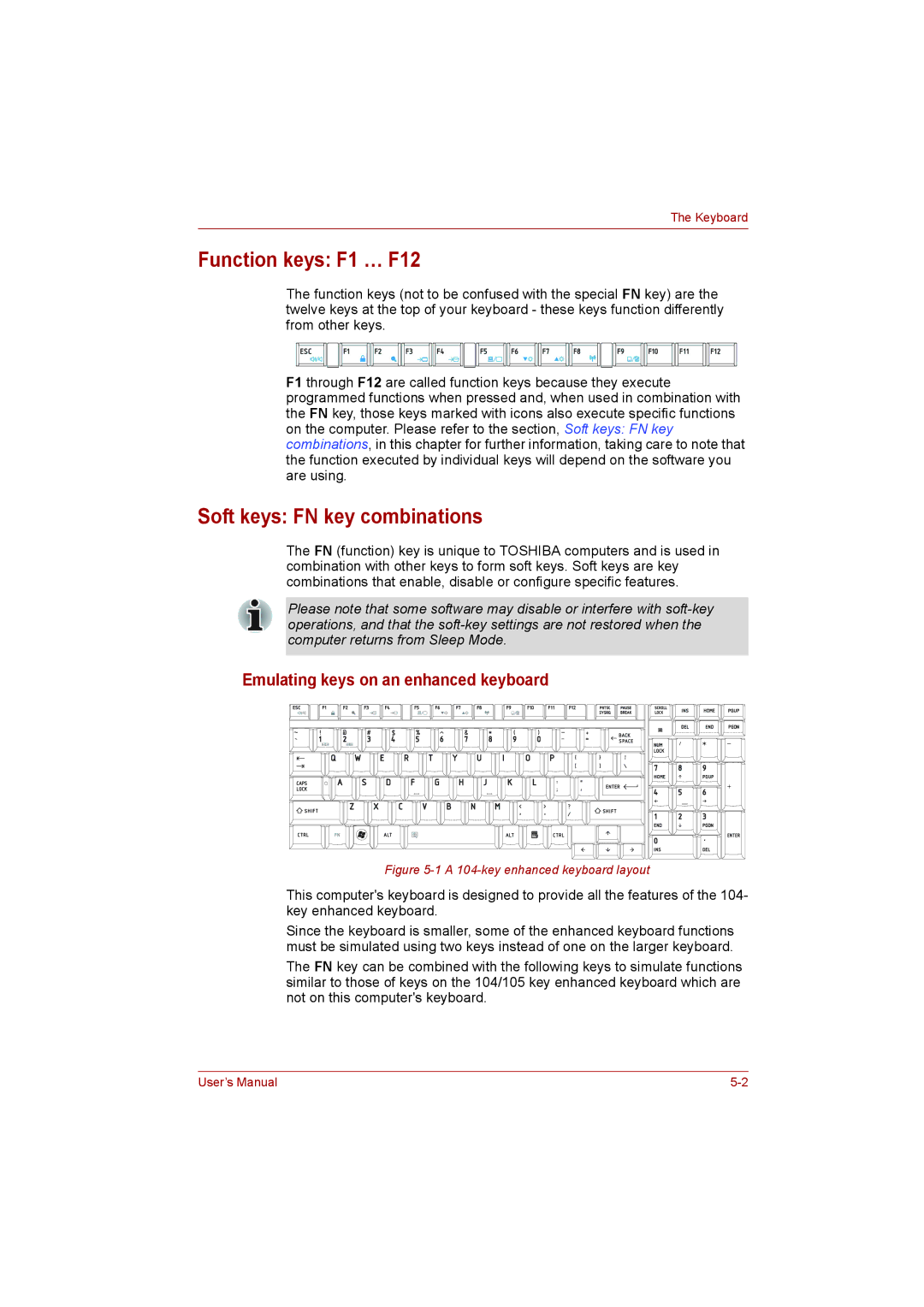 Toshiba L500D user manual Function keys F1 … F12, Soft keys FN key combinations, Emulating keys on an enhanced keyboard 