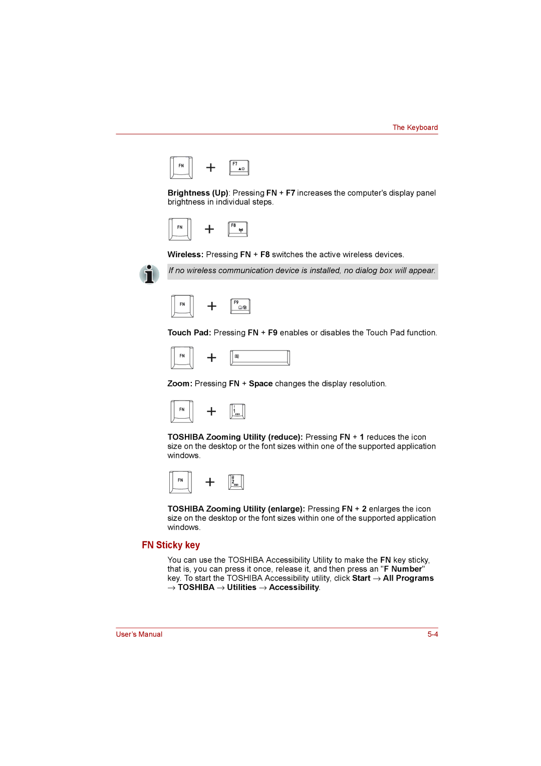 Toshiba L500D user manual FN Sticky key, → Toshiba → Utilities → Accessibility 