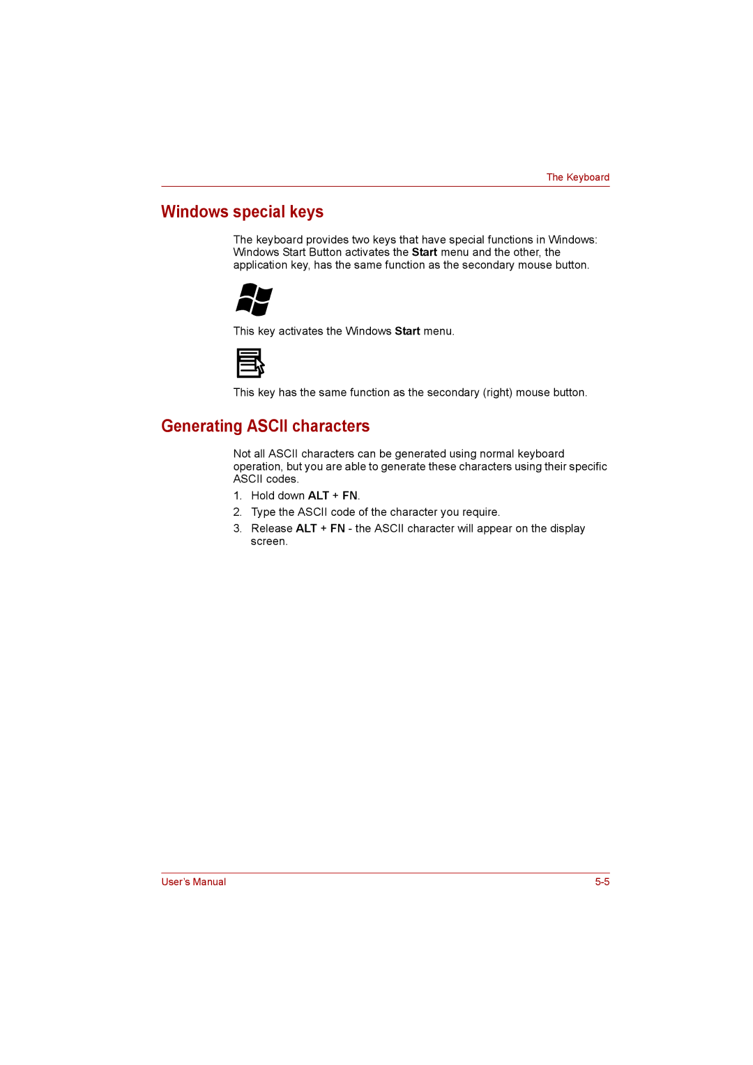 Toshiba L500D user manual Windows special keys, Generating Ascii characters 