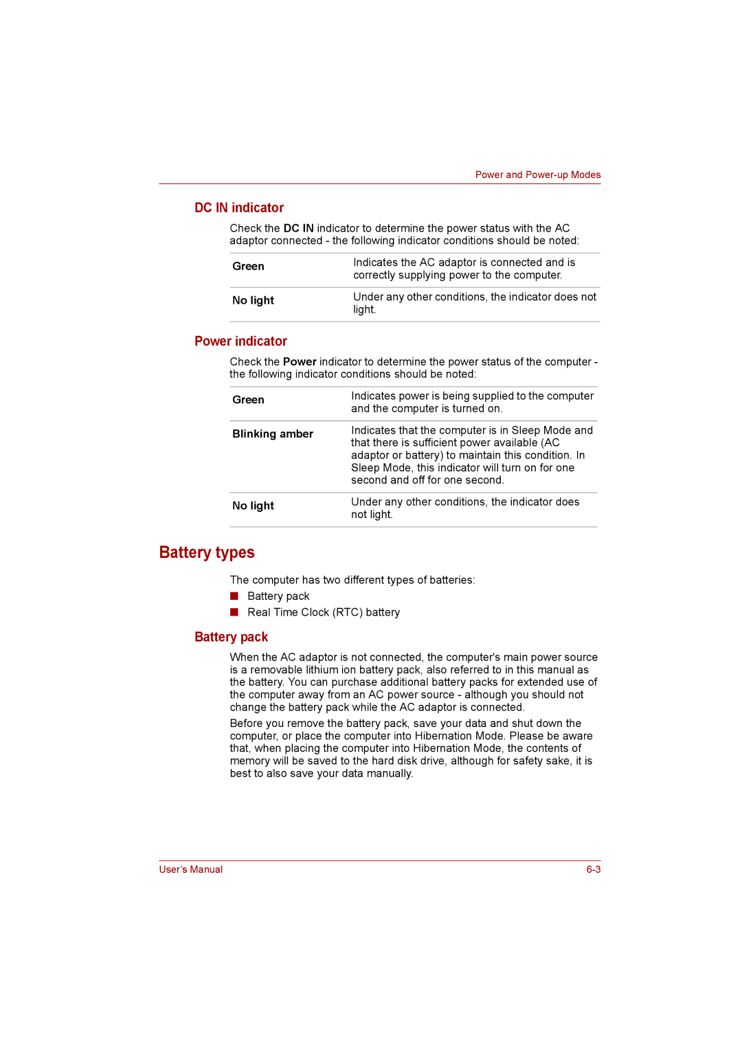 Toshiba L500D user manual Battery types, DC in indicator, Power indicator, Battery pack, Blinking amber 