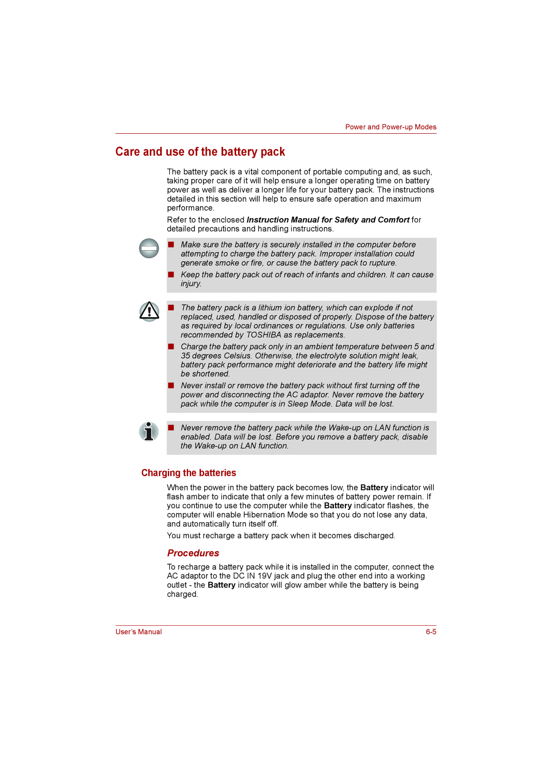 Toshiba L500D user manual Care and use of the battery pack, Charging the batteries, Procedures 