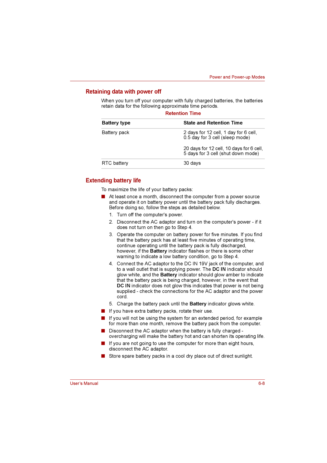 Toshiba L500D user manual Retaining data with power off, Extending battery life, Battery type State and Retention Time 