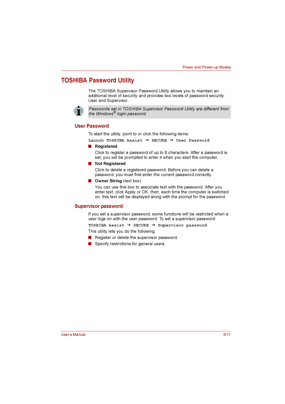 Toshiba L500D user manual Toshiba Password Utility, User Password, Supervisor password 