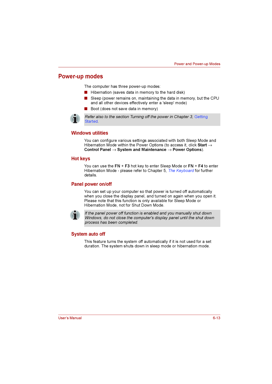 Toshiba L500D user manual Power-up modes, Windows utilities, Hot keys, Panel power on/off, System auto off 