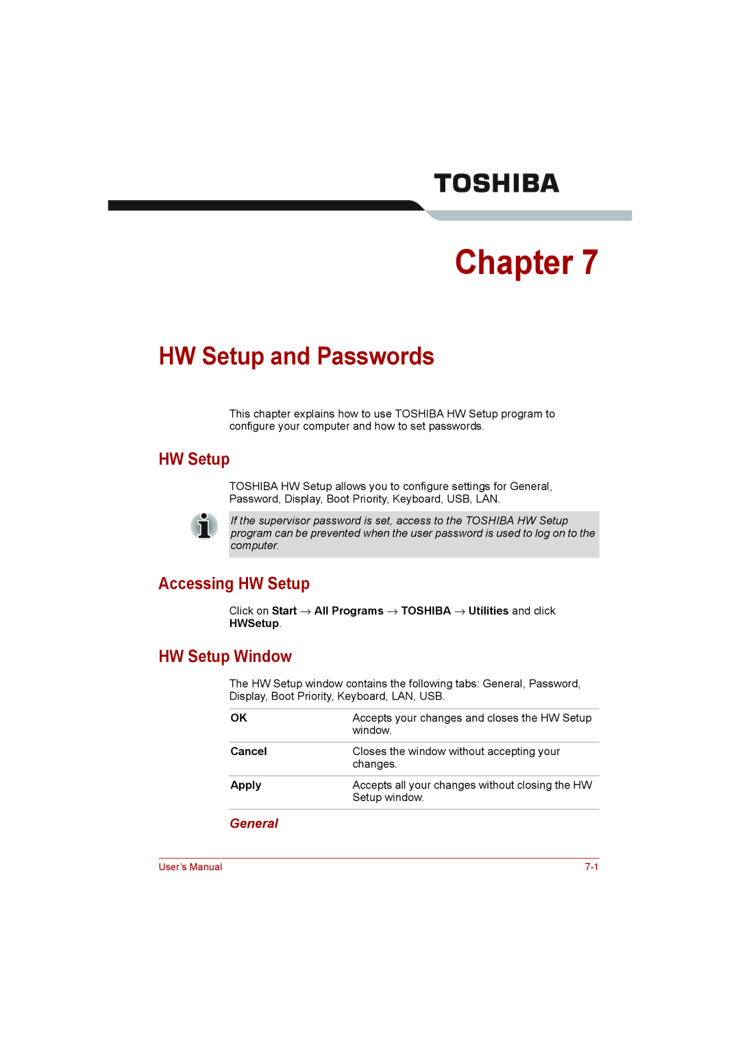 Toshiba L500D user manual HW Setup and Passwords, Accessing HW Setup, HW Setup Window, General 