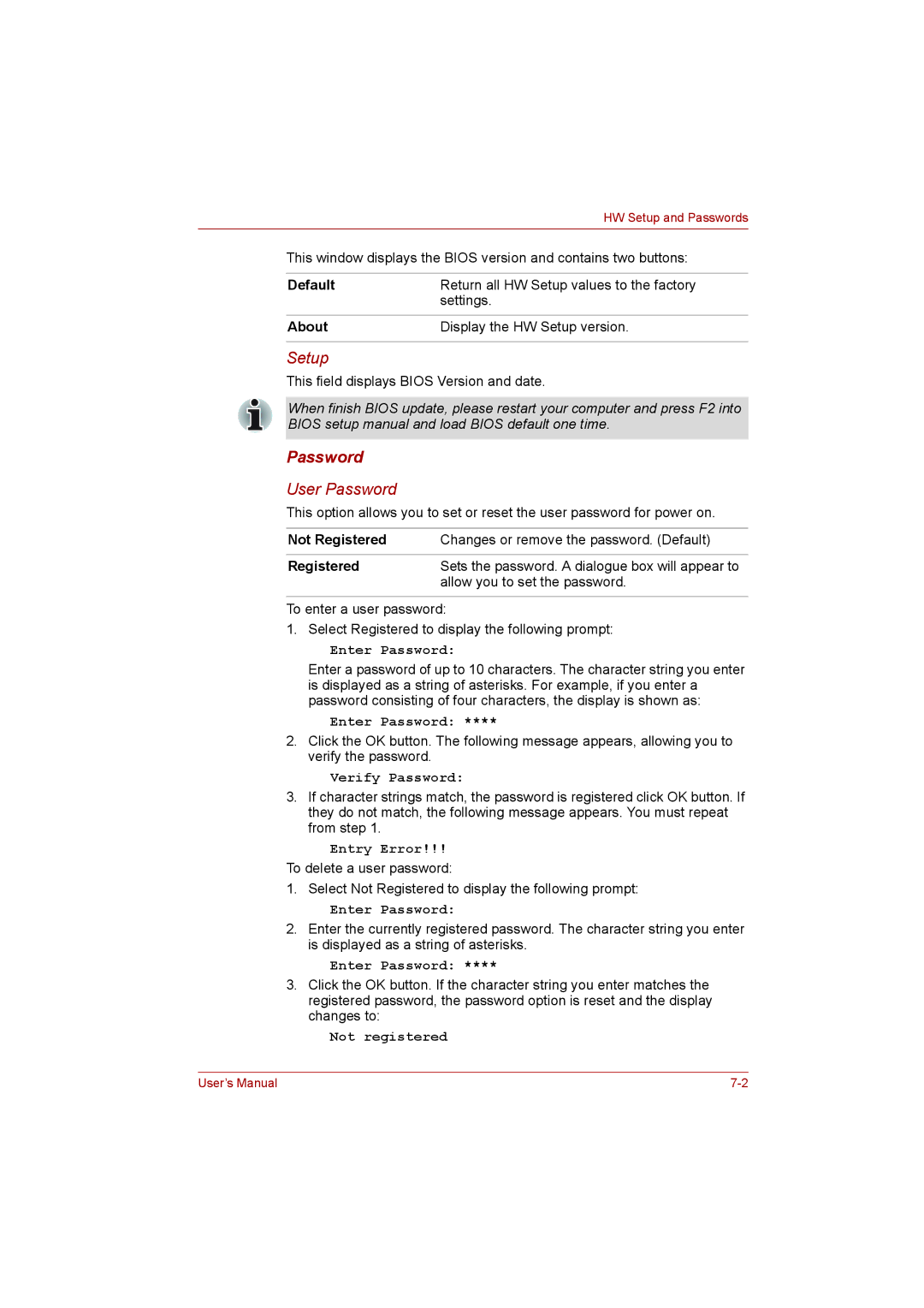 Toshiba L500 Password, About, Not Registered Changes or remove the password. Default, Allow you to set the password 