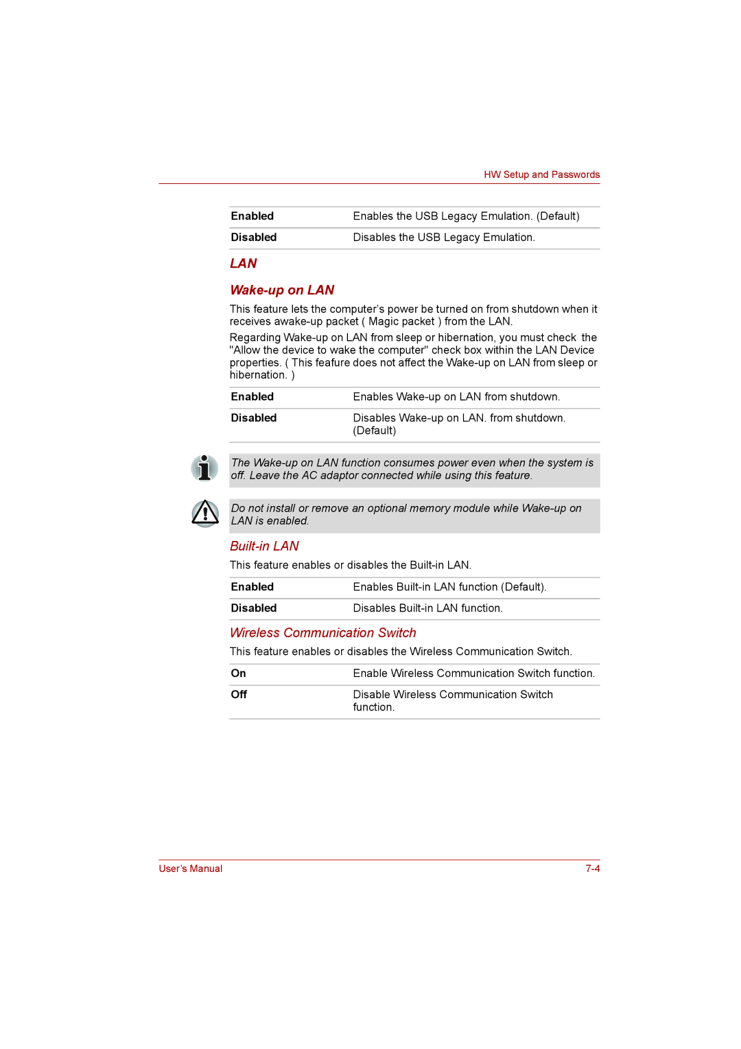 Toshiba L500D user manual Wake-up on LAN, Off Disable Wireless Communication Switch Function 