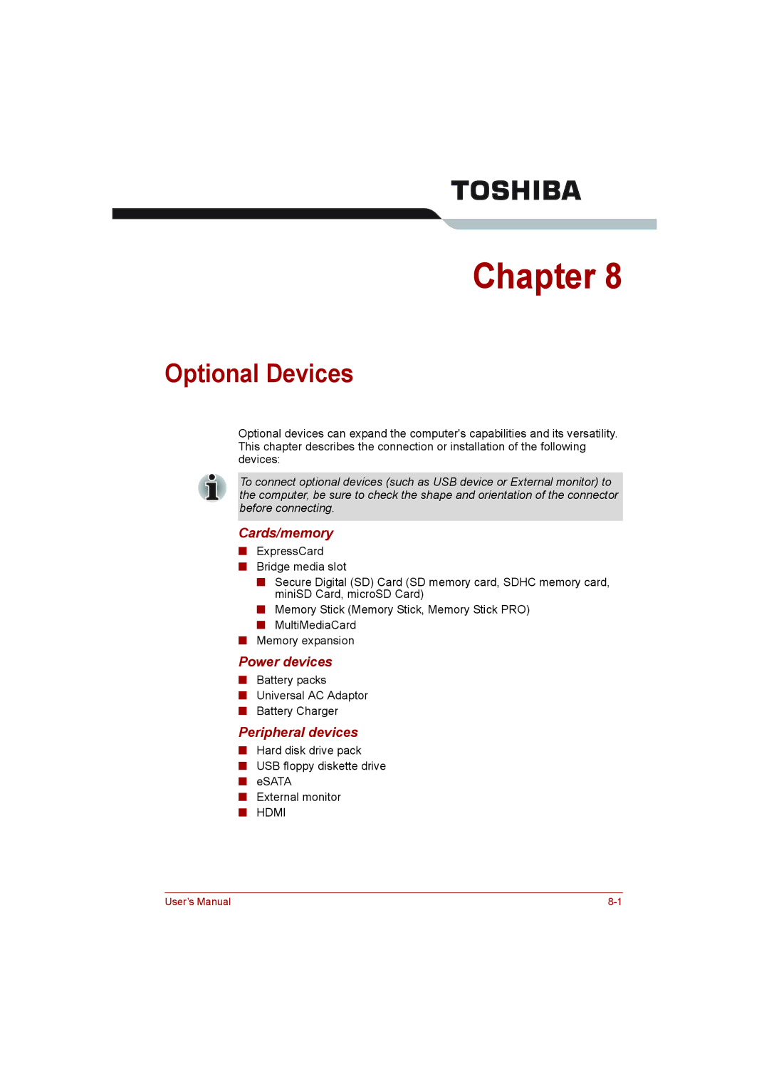 Toshiba L500D user manual Optional Devices, Cards/memory, Power devices, Peripheral devices 