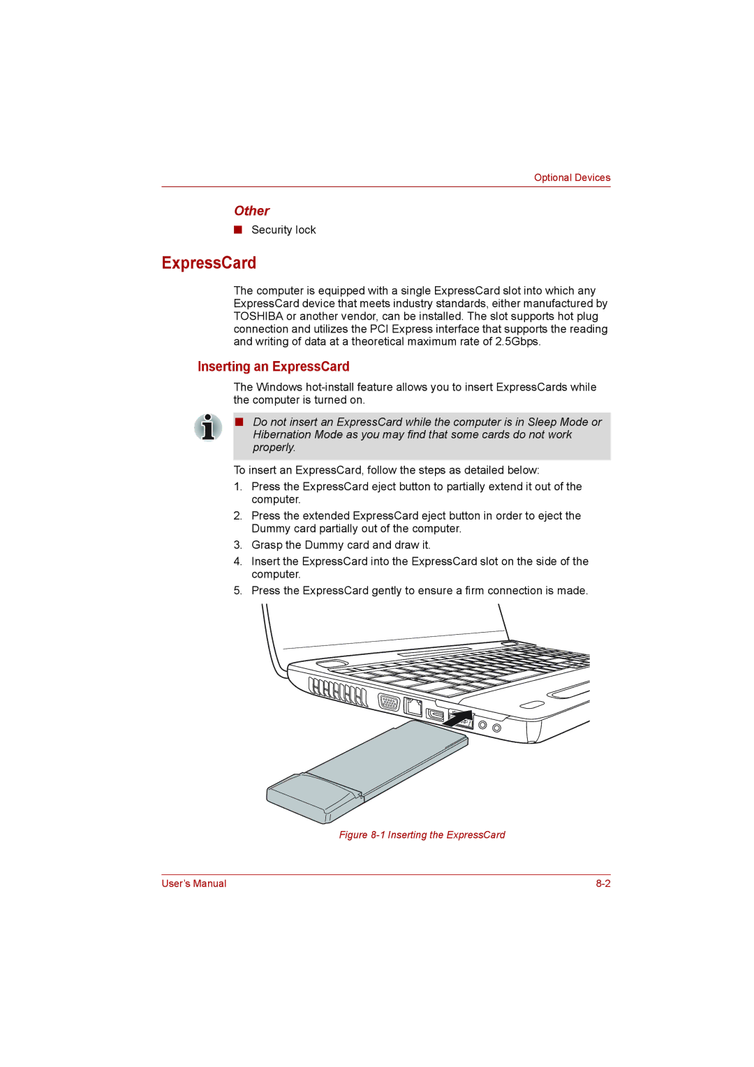 Toshiba L500D user manual Inserting an ExpressCard, Other, Security lock 