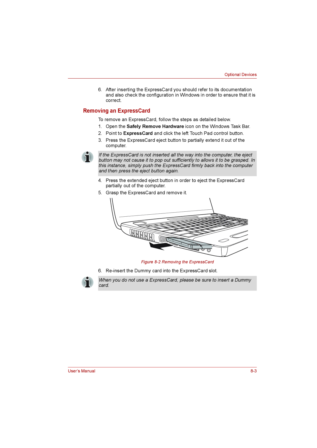 Toshiba L500D user manual Removing an ExpressCard, Re-insert the Dummy card into the ExpressCard slot 