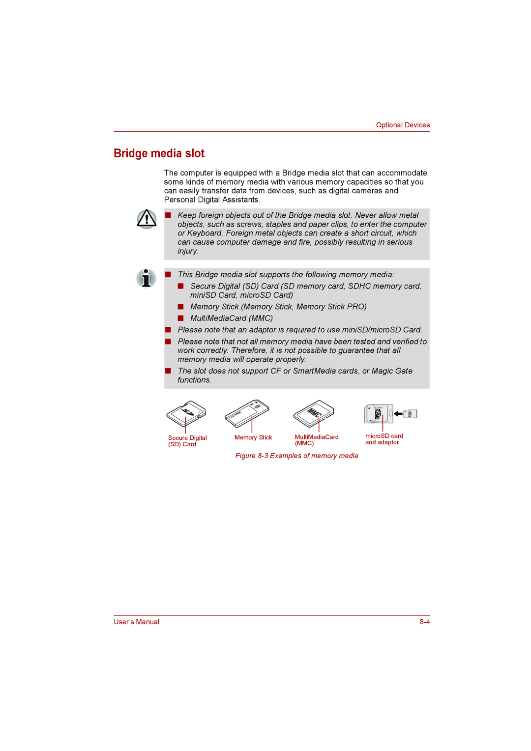 Toshiba L500D user manual Bridge media slot, Examples of memory media 