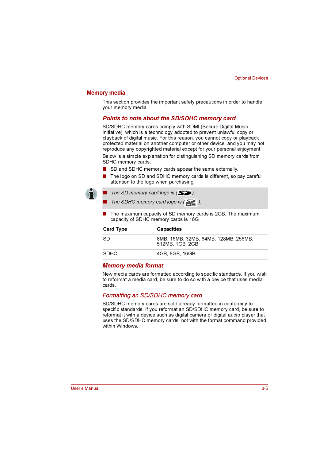 Toshiba L500D user manual Points to note about the SD/SDHC memory card, Memory media format, Card Type Capacities 