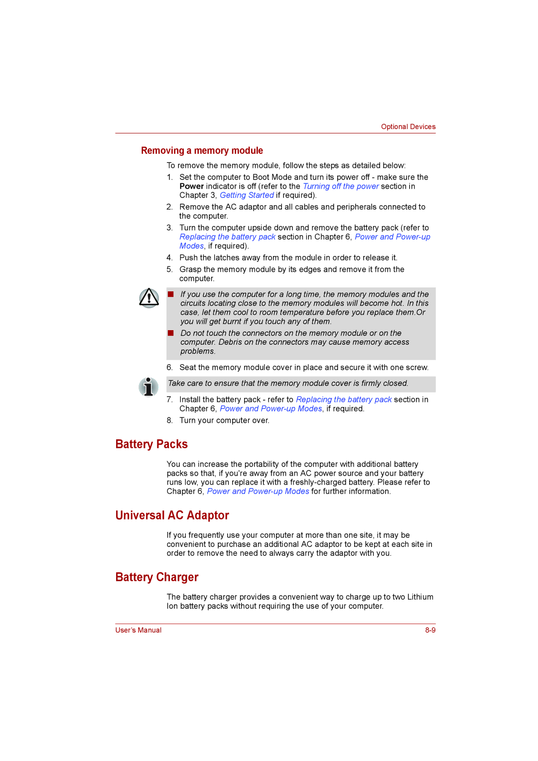 Toshiba L500D user manual Battery Packs, Universal AC Adaptor, Battery Charger, Removing a memory module 