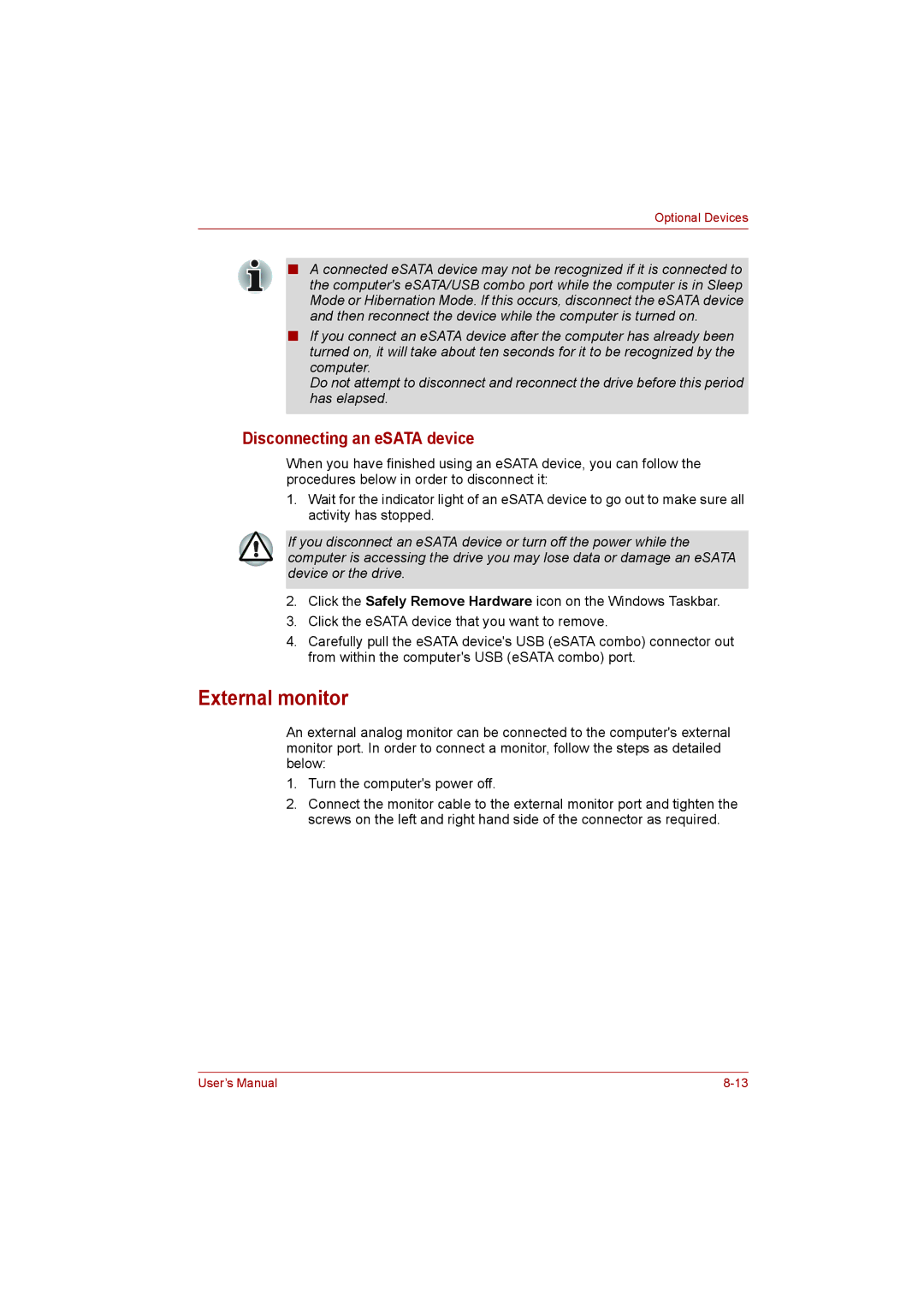 Toshiba L500D user manual External monitor, Disconnecting an eSATA device 