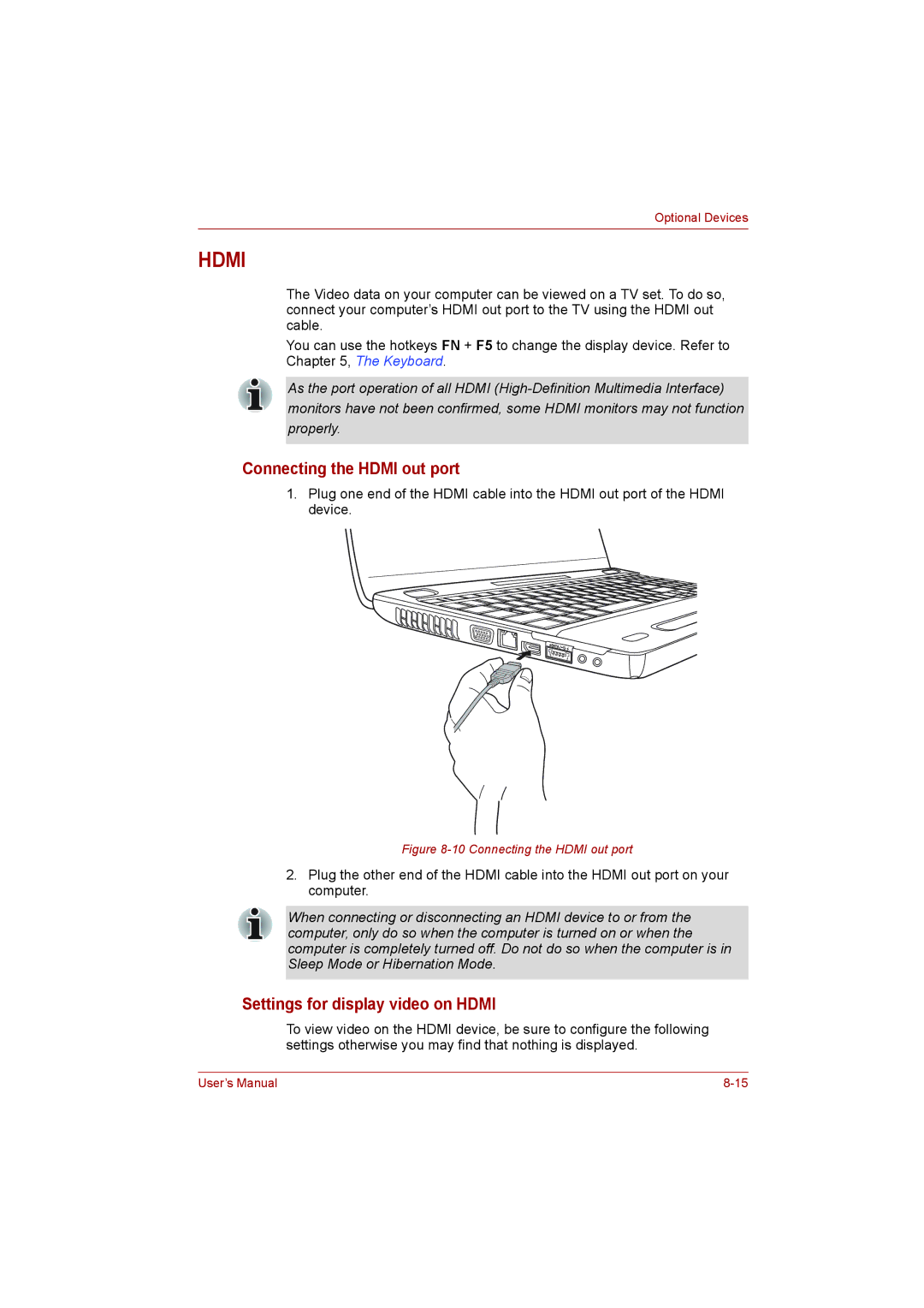 Toshiba L500D user manual Connecting the Hdmi out port, Settings for display video on Hdmi 