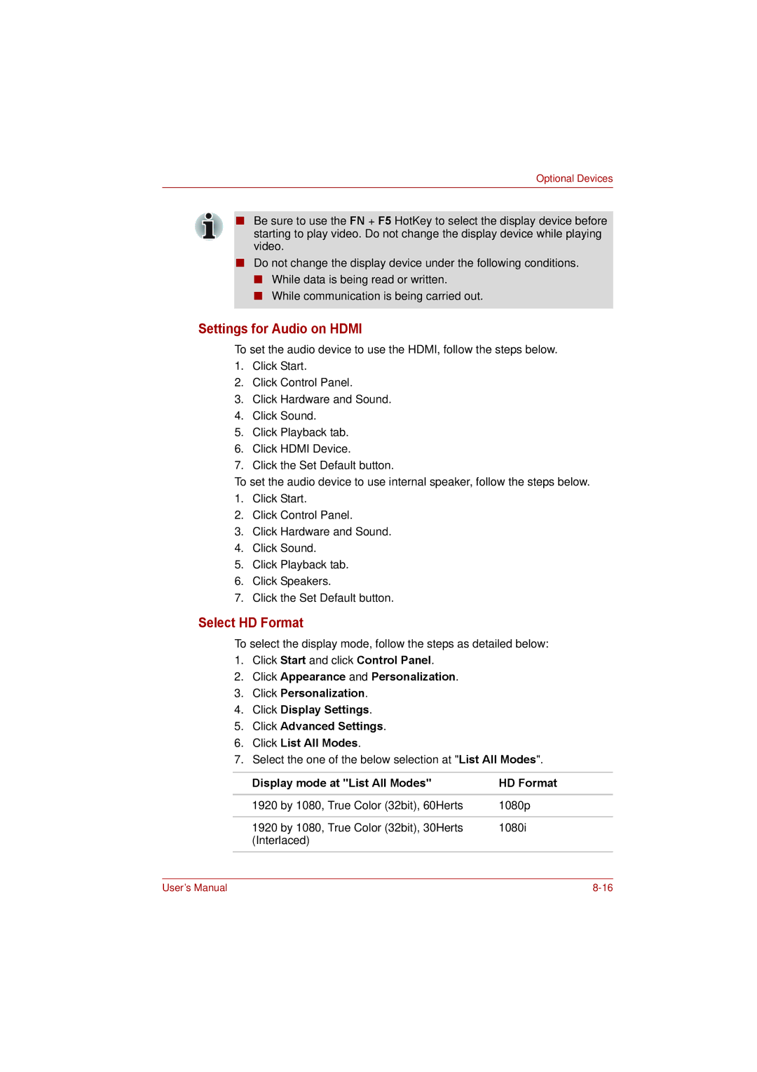 Toshiba L500D Settings for Audio on Hdmi, Select HD Format, Select the one of the below selection at List All Modes 