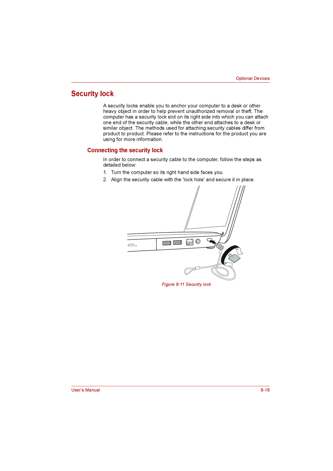 Toshiba L500D user manual Security lock, Connecting the security lock 