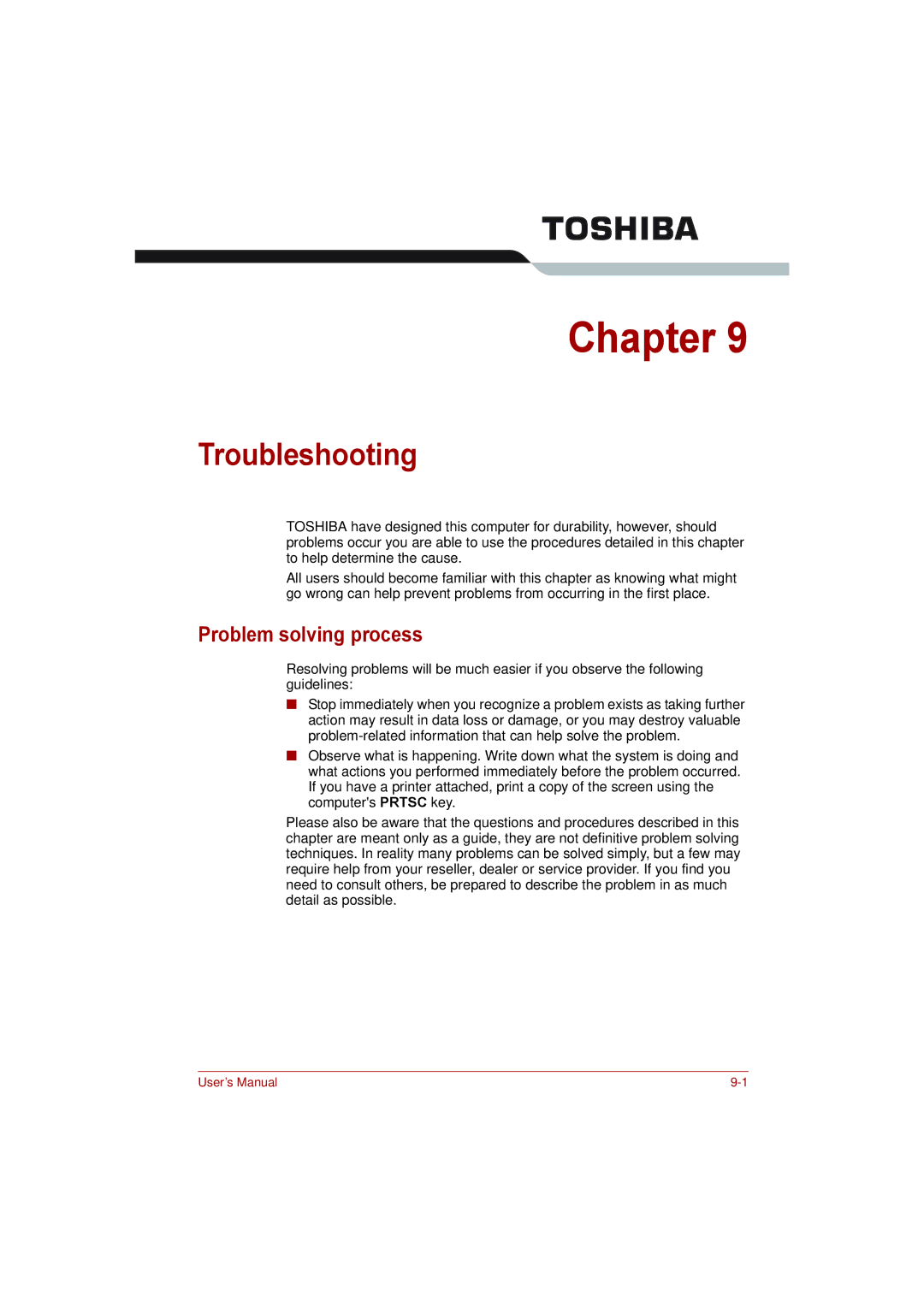 Toshiba L500D user manual Troubleshooting, Problem solving process 