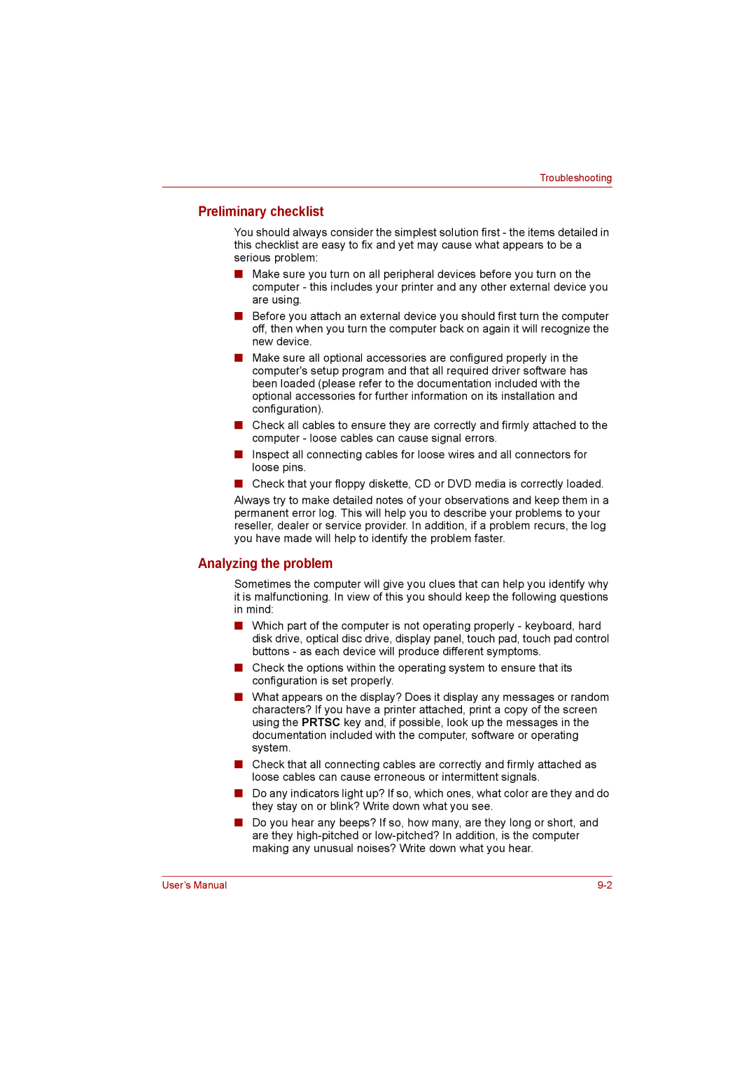 Toshiba L500D user manual Preliminary checklist, Analyzing the problem 