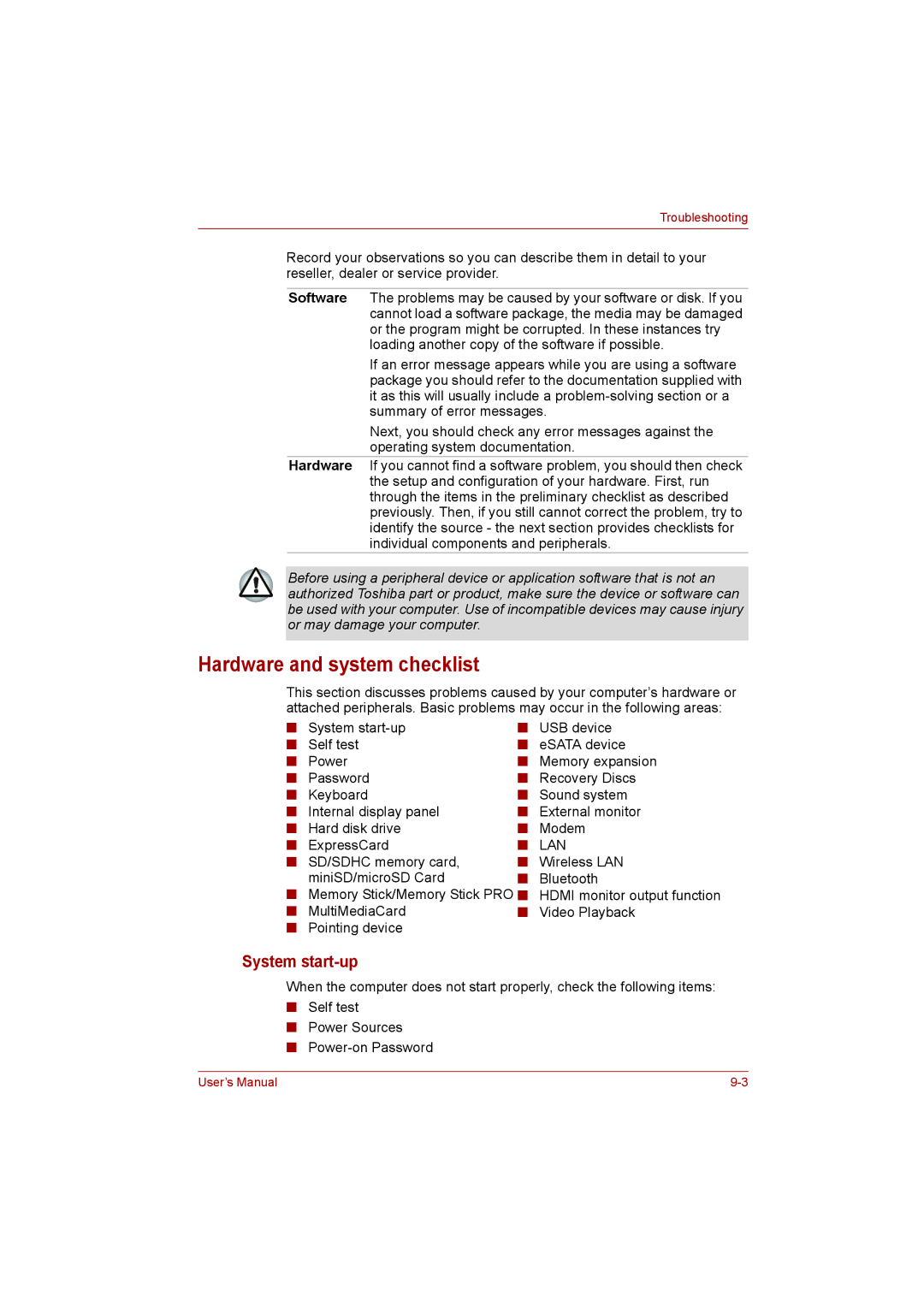 Toshiba L500D user manual Hardware and system checklist, System start-up, MultiMediaCard Video Playback Pointing device 