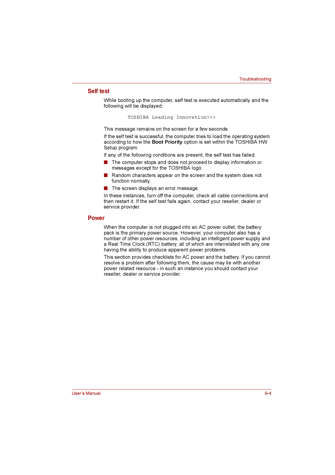 Toshiba L500D user manual Self test, Power 