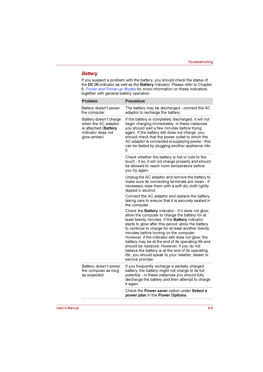 Toshiba L500D user manual Battery, Power plan in the Power Options 