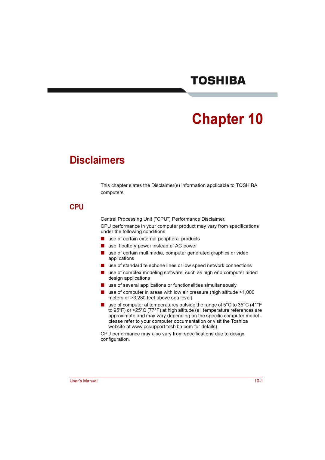 Toshiba L500D user manual Disclaimers, Cpu 