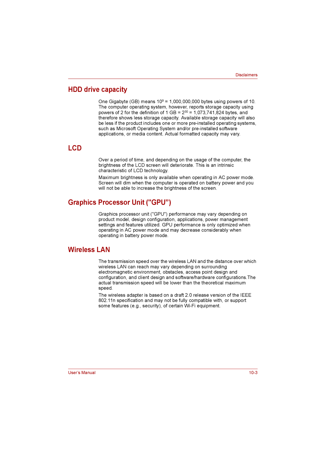 Toshiba L500D user manual HDD drive capacity, Graphics Processor Unit GPU, Wireless LAN 