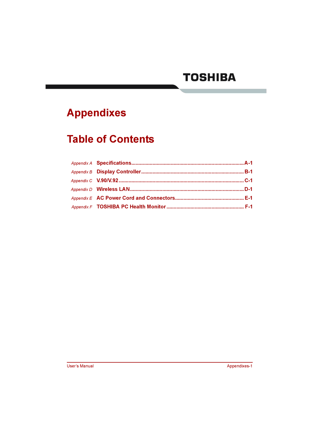 Toshiba L500D user manual Appendixes Table of Contents 