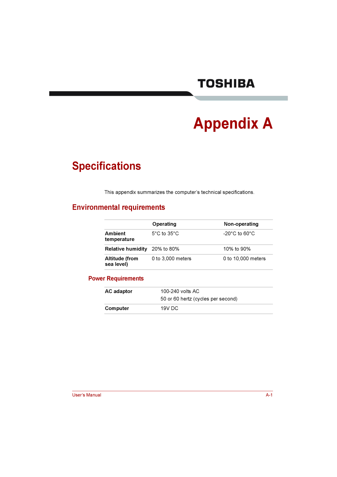 Toshiba L500D user manual Specifications, Environmental requirements, Power Requirements, Computer 