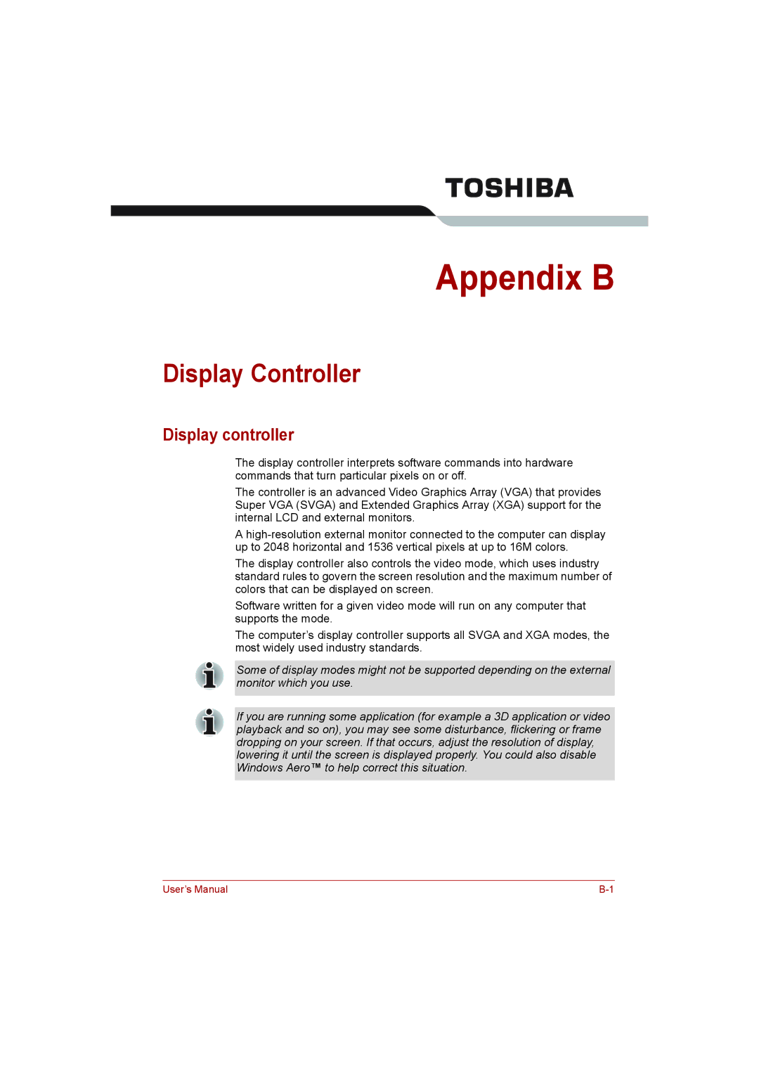 Toshiba L500D user manual Display Controller, Display controller 