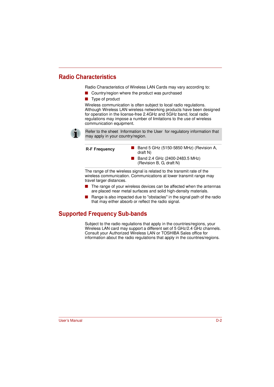 Toshiba L500D user manual Radio Characteristics, Supported Frequency Sub-bands 