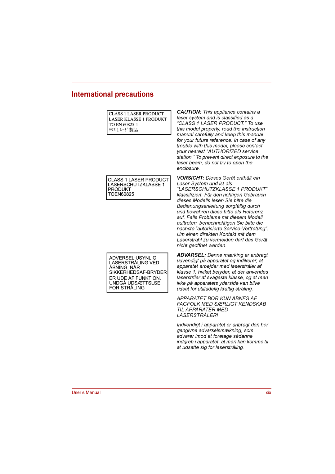 Toshiba L500D user manual International precautions, Vorsicht Dieses Gerät enthält ein Laser-System und ist als 