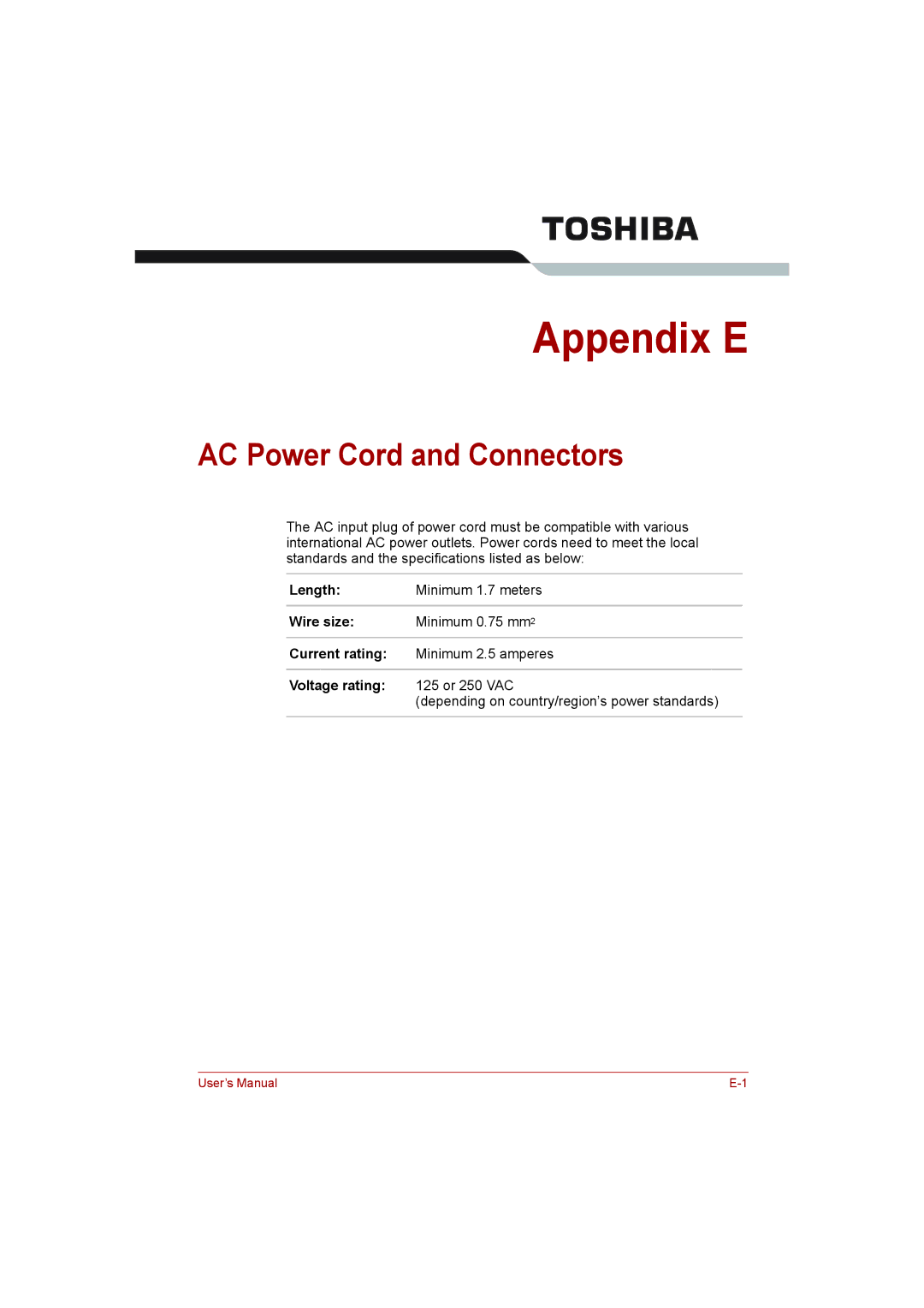 Toshiba L500D user manual AC Power Cord and Connectors, Length, Wire size, Current rating, Voltage rating 