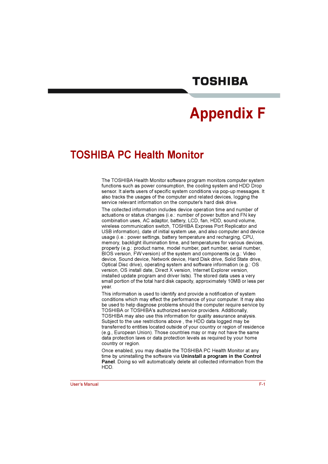 Toshiba L500D user manual Appendix F, Toshiba PC Health Monitor 