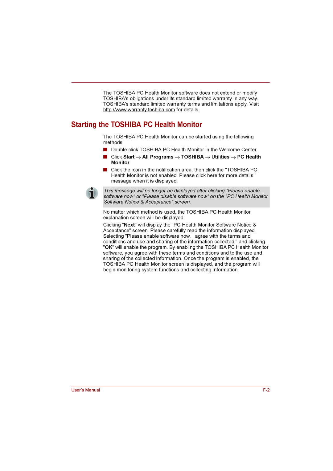 Toshiba L500D user manual Starting the Toshiba PC Health Monitor 