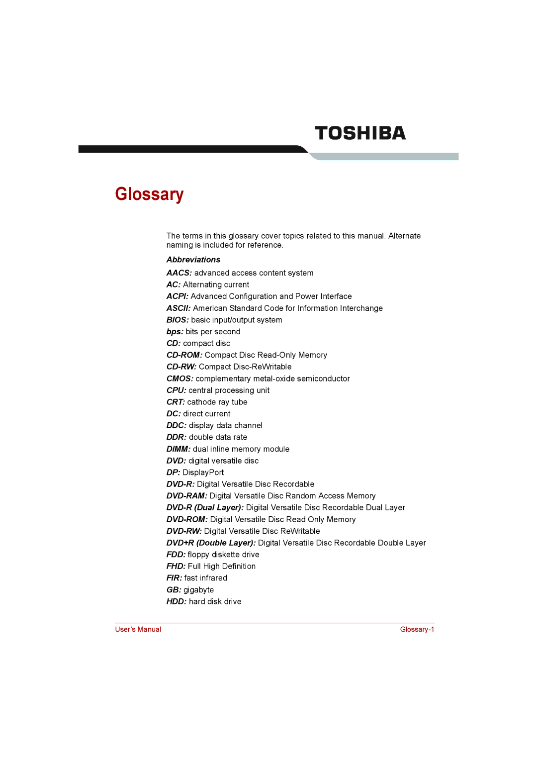 Toshiba L500D user manual Glossary, Abbreviations 