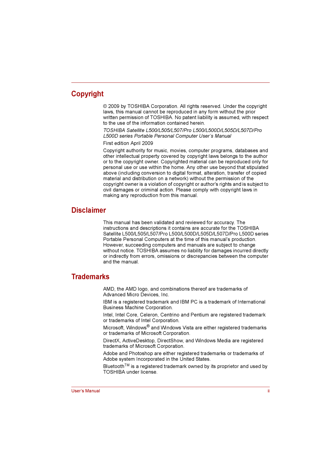 Toshiba L500D user manual Copyright, Disclaimer, Trademarks 