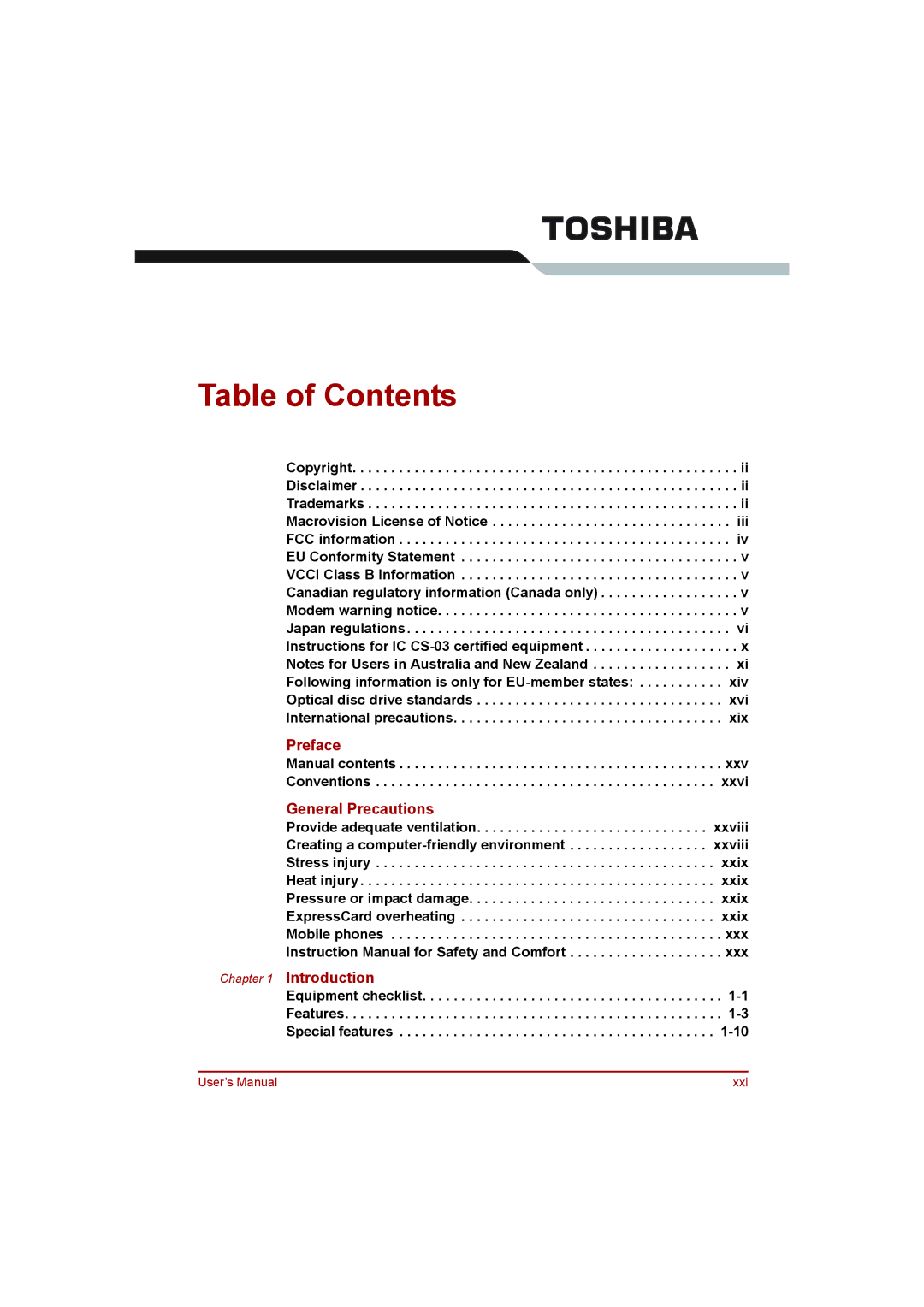 Toshiba L500D user manual Table of Contents 