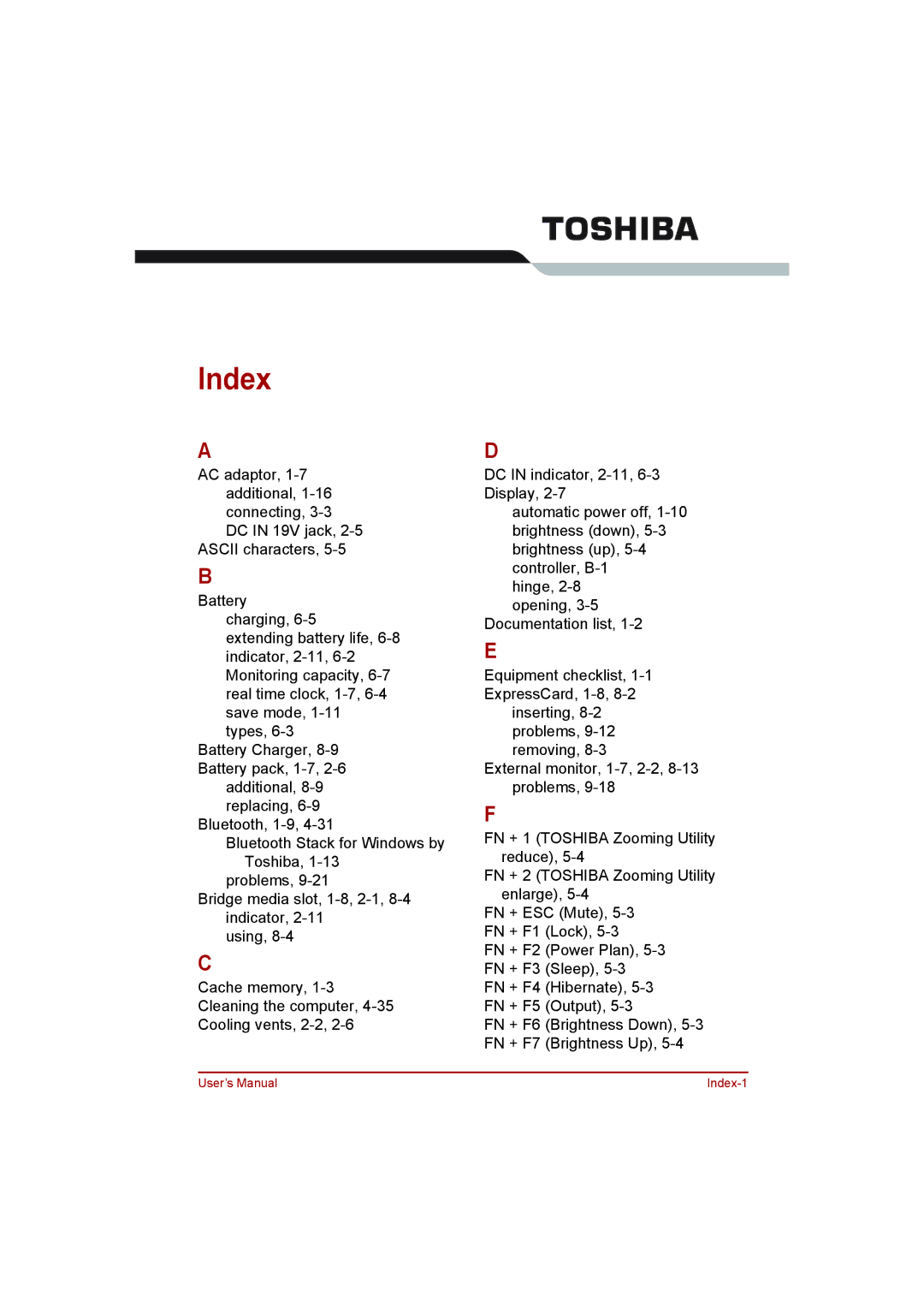 Toshiba L500D user manual Index 