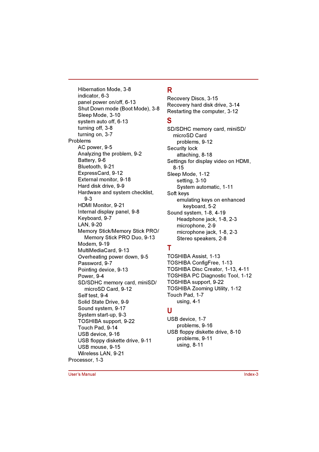 Toshiba L500D user manual User’s Manual Index-3 