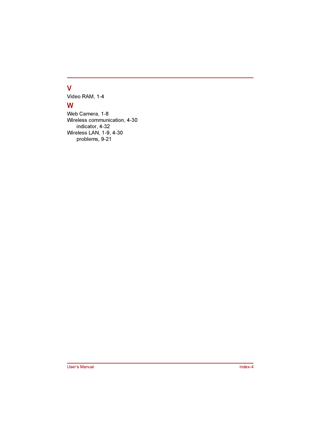 Toshiba L500D user manual User’s Manual Index-4 