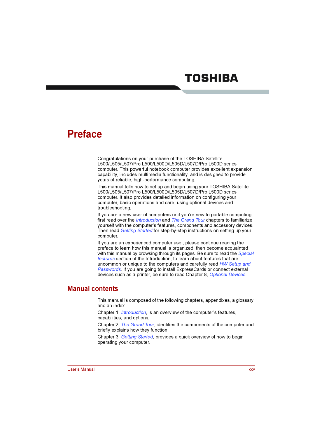 Toshiba L500D user manual Preface, Manual contents 